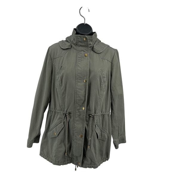 Style & Co. Hooded Utility Jacket WMNS M Green Long Sleeve Zip Up Button Pockets - Picture 1 of 10